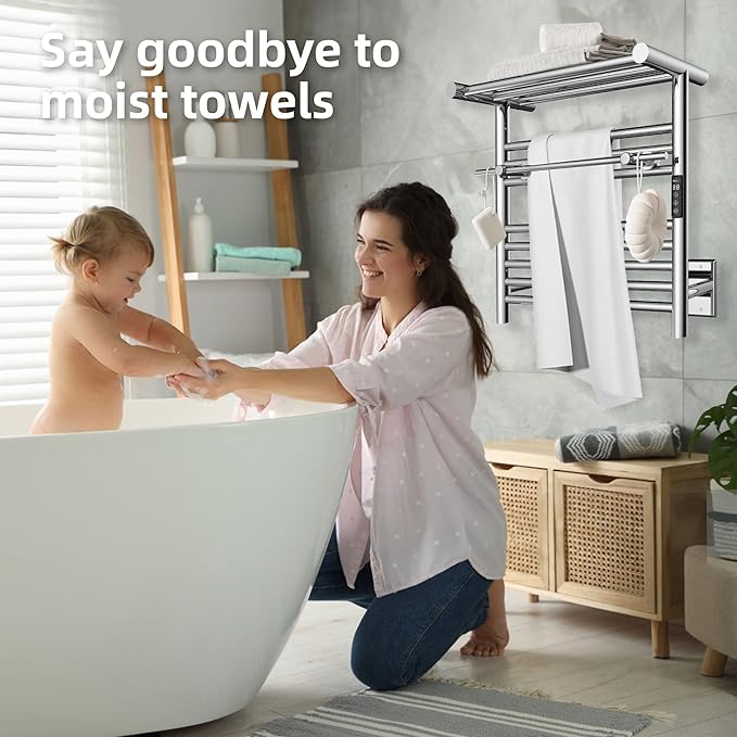 P&Dlusir Heated Towel Warmer with Top Shelf, Heated Towel Rack for Bathroom, H 19.69" x W 19.69", Wall Mounted Towel Warmer Rack, Hard-Wired/Plug-in, Polished