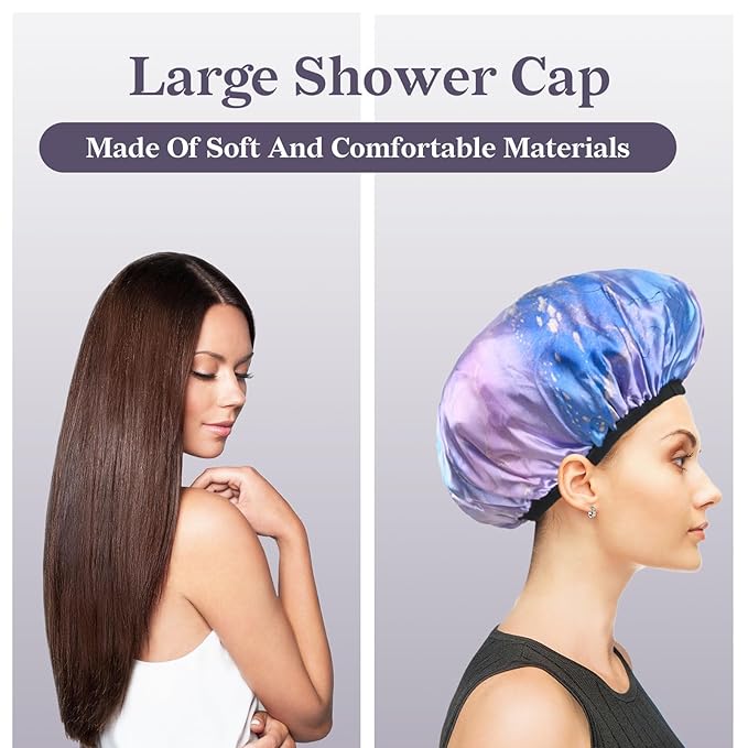 Purple Marble Print Satin Shower Cap, Three-Layer Terry Cloth Lined, with Silk Hair Ties, Microfiber Waterproof Reusable Large Size Shower Cap for Women Long Thick Hair