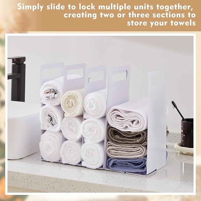 LEIFIDE Set of 4 Interlocking Towel Organizer Metal Bathroom Towel Storage Rack Shelf Dividers Organizers for Closet Home Space Saving (White)