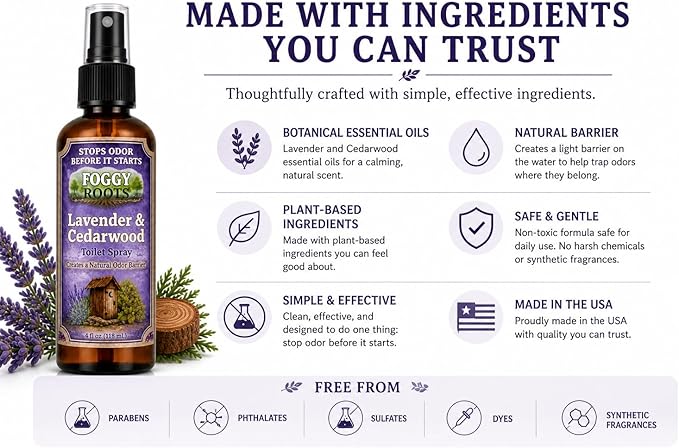 Lavender & Cedarwood Toilet Spray — Stops Odor Before It Starts, Pre-Poop Bathroom Spray, Natural Odor Barrier, 4 oz (200+ Uses), Travel Size