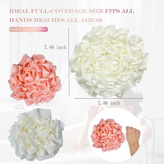 2-Pack Loofah Washcloth Combo 2-in-1, Exfoliating Soap Saver Pouch with Bar Soap Pocket, Reusable Shower Sponge for Body Wash & Smooth Skin, (Pink + White)