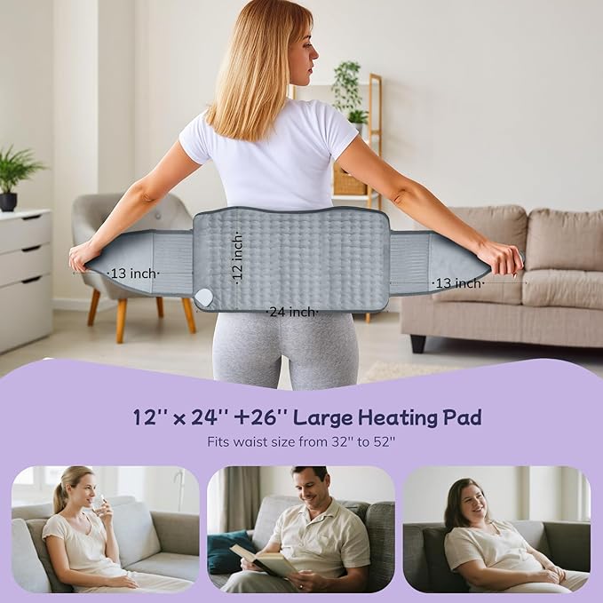 Heating Pad for Back, Upgraded Electric Heating Pad for Low Back Neck Shoulder Pain Relief, 12 x 24+26" Large Heat Pad with 4 Timer 6 Heat Setting & Auto Shut Off, Christmas Birthday Gifts for Men Dad