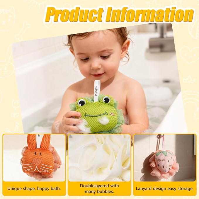 Kids Loofah, Cute Cartoon Animal Kids Bath Sponge with Hanging Rope, Soft Double Mesh for Rich Lather (Long Eared Bear)