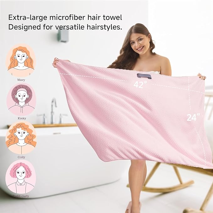 Large Microfiber Hair Towel Wrap & Satin Bonnet Set for Women, Ultra Absorbent Turban 24x42 Inches & Adjustable Night Cap for Curly Hair, Prevents Frizz & Breakage, Gifts for Women