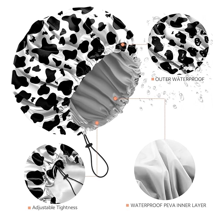 Shower Cap Reusable Double Layer Adjustable Elastic Waterproof EVA Hair Bath Caps for Women Girls Cute Aesthetic-Cow Leopard
