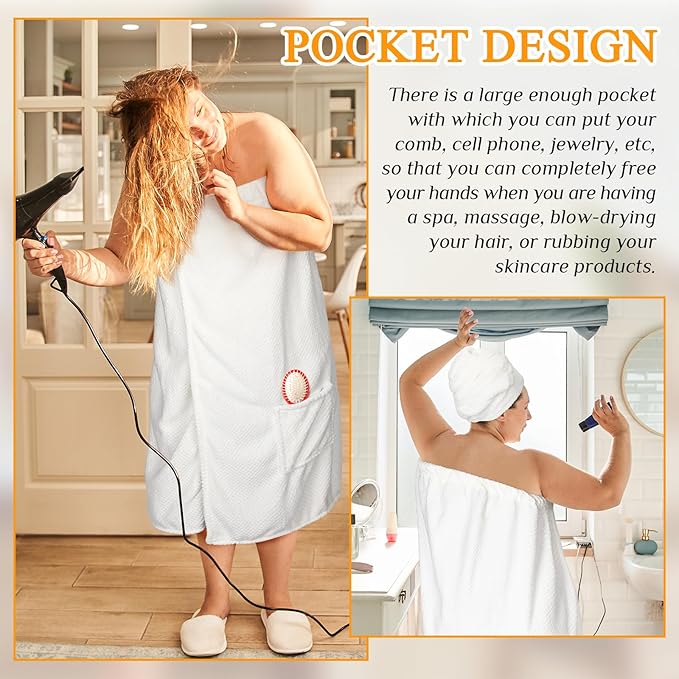 Tigeen Plus Size Towel Wrap for Women Spa Robe Set with Shower Hair Drying Turban Cap Towel Headband Adjustable Bathrobe