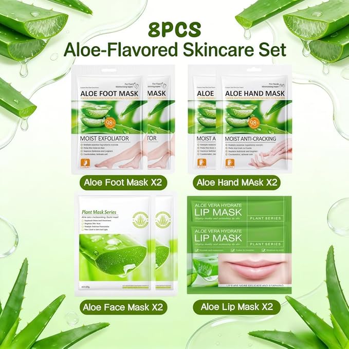 8 PCS Aloe Vera Moisturizing Mask Set - Hand & Foot + Face & Lip Masks, Dry Skin Comfort & Quick Hydration, Plant-Based Skincare Thoughtful Holiday Gift for Her, Suitable for All Skin Types,