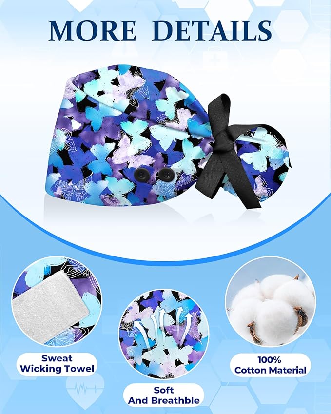 Plifal 100% Cotton Scrub Cap with Buttons-Nurse Cap with Sweatband for Women, Adjustable Working Hat,Satin Lined or Unlined