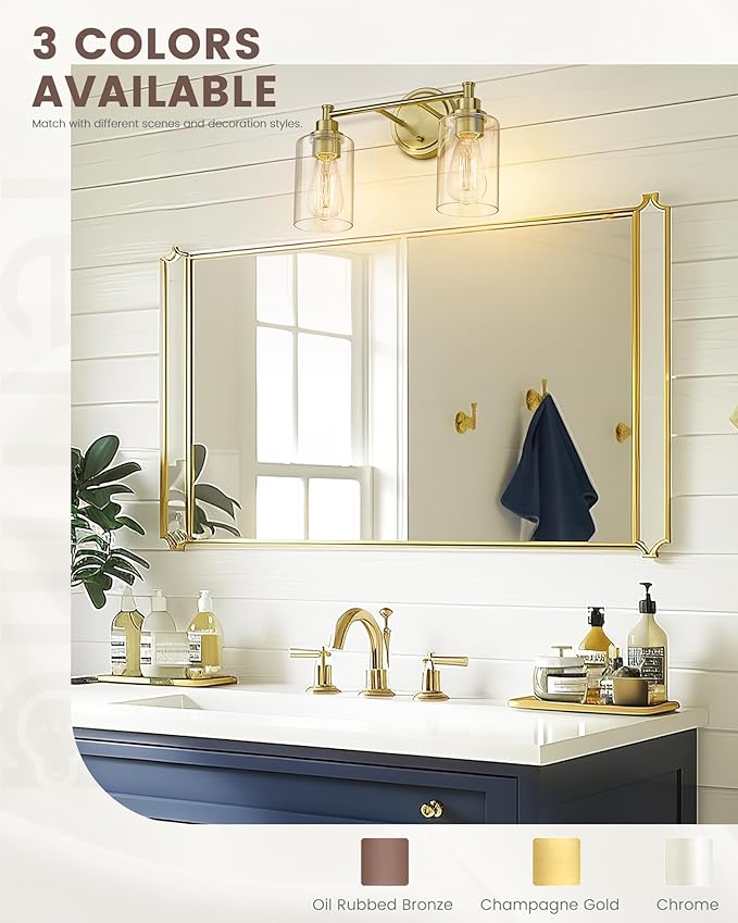 FEMILA Champagne Gold Bathroom Vanity Light, 2-Light Vanity Lighting fixtures, Modern Wall Sconce Bathroom Lighting with Claer Glass Shade, 4FYC56B-2W BG