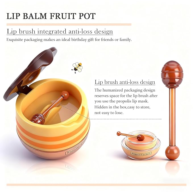 8 PCS Bee Lip Balm Honey Pot, Fruit Moisturizing Propolis Lip Mask, Lip Mask Overnight Propolis Moisturizing Lip Balm Hydrating Prevention Dry and Crack Lip Scrubs Exfoliator Lip Wrinkle Care Products