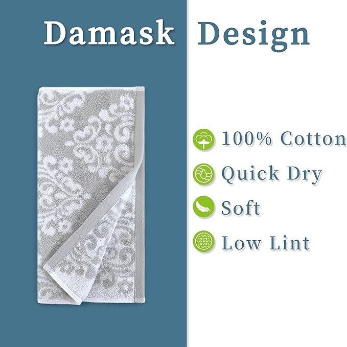 Gray Wash Cloths, Jacquard Washcloths 6 Pack 13"x13" - 100% Cotton | Quick Dry | Thick | Soft | Absorb, Luxury Face Towels for Bathroom & Showering, Jacquard Washcloth Set, Grey + White Damask Pattern