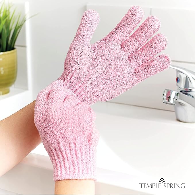 Temple Spring Shower Gloves Exfoliating for Women – Natural Textured Rayon Bamboo Exfoliating Glove with Thicker Weave for Deep Cleansing, Dead Skin Removal & Smooth Radiant Skin (1 Pair, Pink)