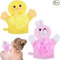 JIEYAO 2 Pcs Bath Mitt Washcloths Gloves, Cute Cartoon Exfoliating Glove Body Scrubber, Gentle Soft Scrub Bath Loofahs Sponges for Shower Wash Cute Design Glove Easy to Lather(Pink Rabbit Yellow Duck)