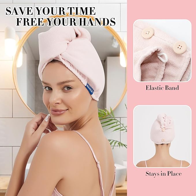 Hair Towel Wrap 2 Pack for Women,Super Absorbent Ant Cloth Fabric Hair Drying Turban Towel, Quick Dry Hair Towels with Buttons for Long Wet Curly Hair. (Pink)