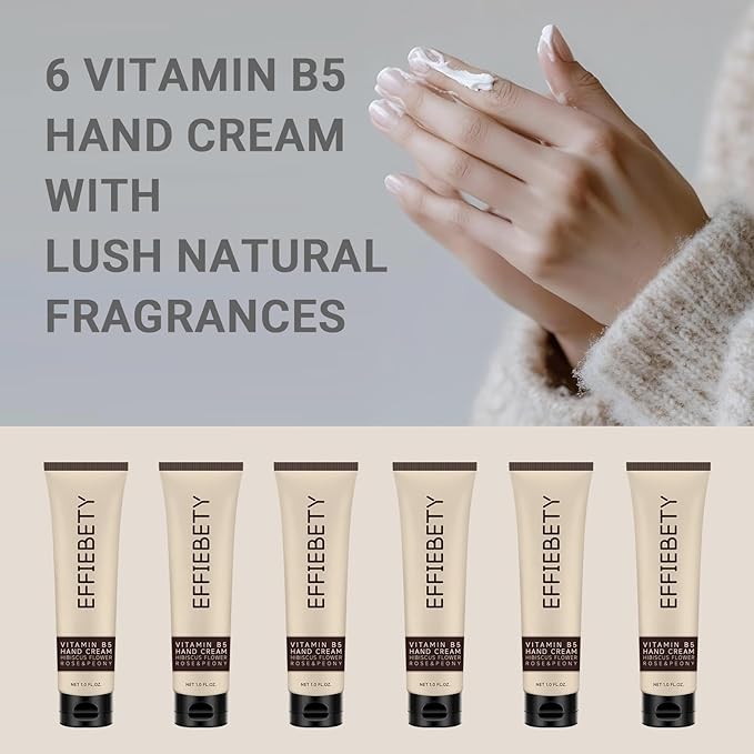 Vitamin B5 Hand Cream 6 Pack, Fast-Absorbing & Non-Greasy for Deeply Hydrated, Soft Skin, Infused with Hibiscus Flower, Rose & Peony, Vegan & Cruelty-Free (1 fl oz)