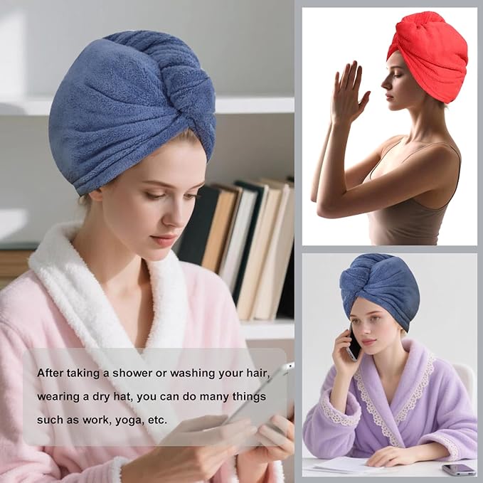 Microfiber Hair Drying Towel Wrap for Women, Hair Turbans Towel for Wet Hair,turbie Twist Hair Towels(The Color of the Picture is for Reference only) (Dark Blue,Red)