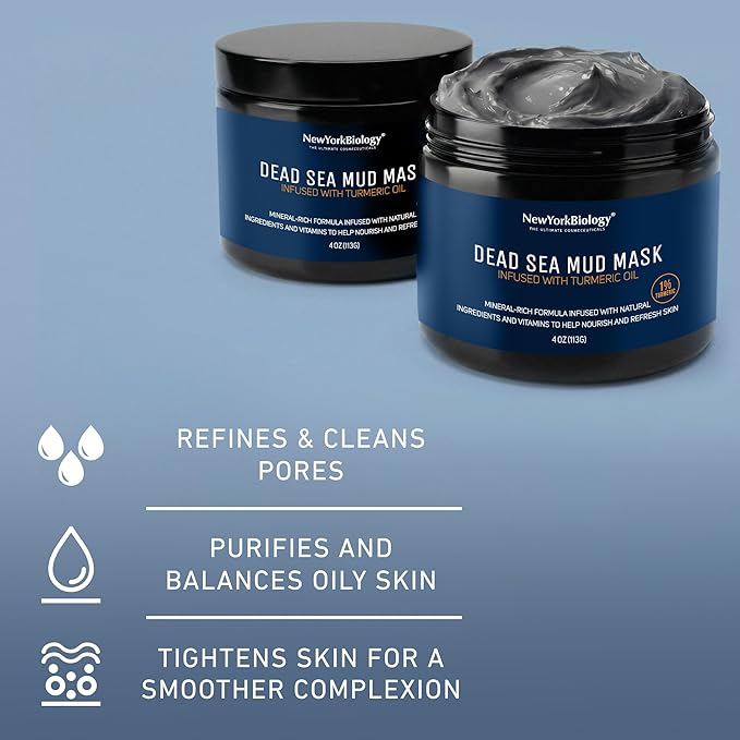 New York Biology Dead Sea Mud Mask for Face and Body | with Turmeric Oil | Spa Quality Pore Refiner for Oily Skin | Natural Skincare for Women & Men | Tighten Skin for A Healthier Complexion | 4 oz