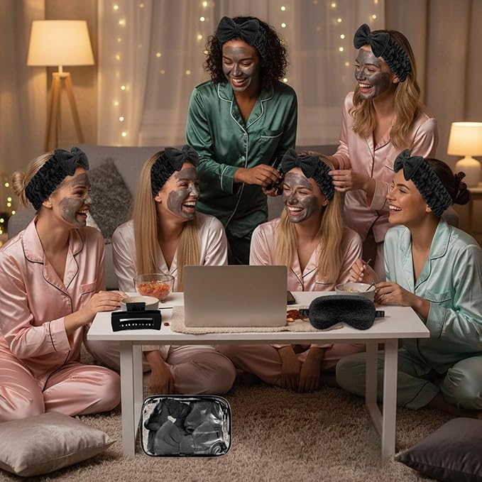 Hoteam 24 Pcs Spa Party Favors Supplies 6 Spa Headband 6 Plush Sleep Eye Mask 6 Hair Claw Clips 6 Clear Cosmetic Bags for Adult Sleepover Slumber Party Graduation Gift(Black)
