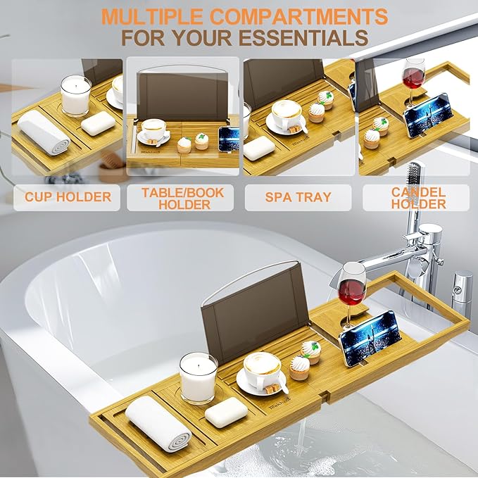 Bath Accessories - Cup Holders - Bathtub Tray Caddy - Bath Tray Expandable - Bath Tub Table Tray Caddy - Bamboo Bath Tray for Tub