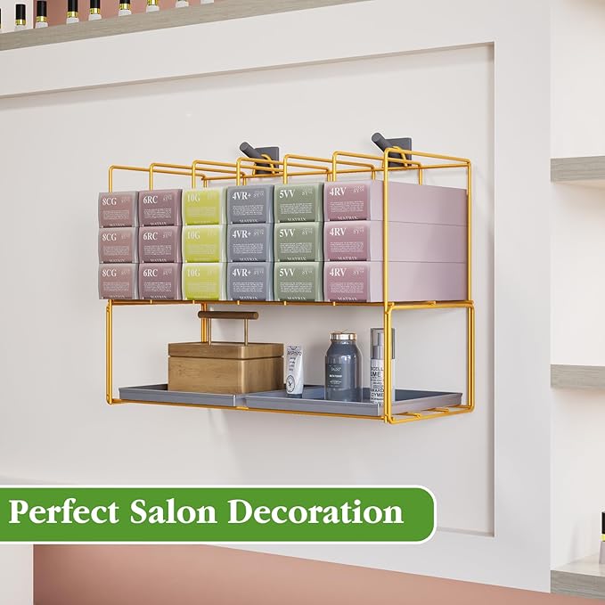 2 Pack Hair Color Organizer Hair Color Display Rack Wall Mounted Dye Storage Racks for Salon Storage Rack Hairs Dye Tube Storage Display Rack for Stylists Spa Beauty Home, Gold