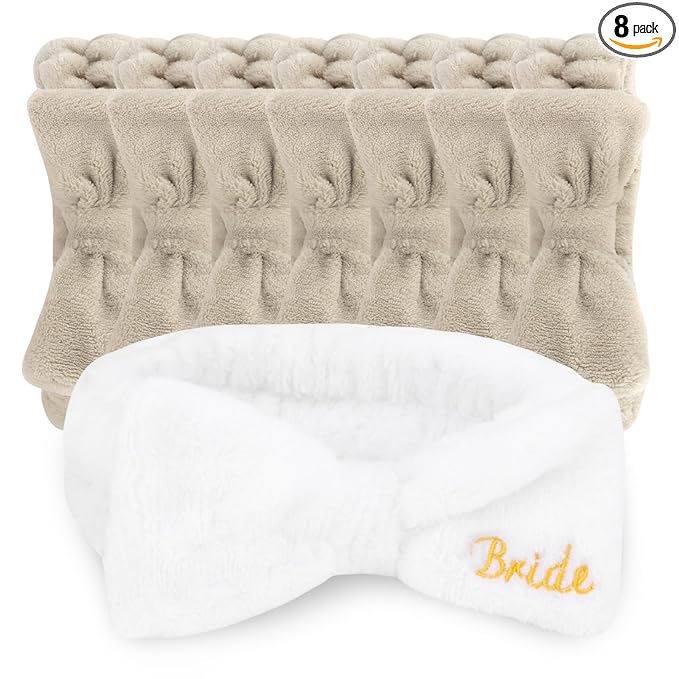 CIEHER Spa Headbands - 8 Pcs Bachelorette Party Favors, Bride & Bridesmaid White & Light Coffee Spa Headbands