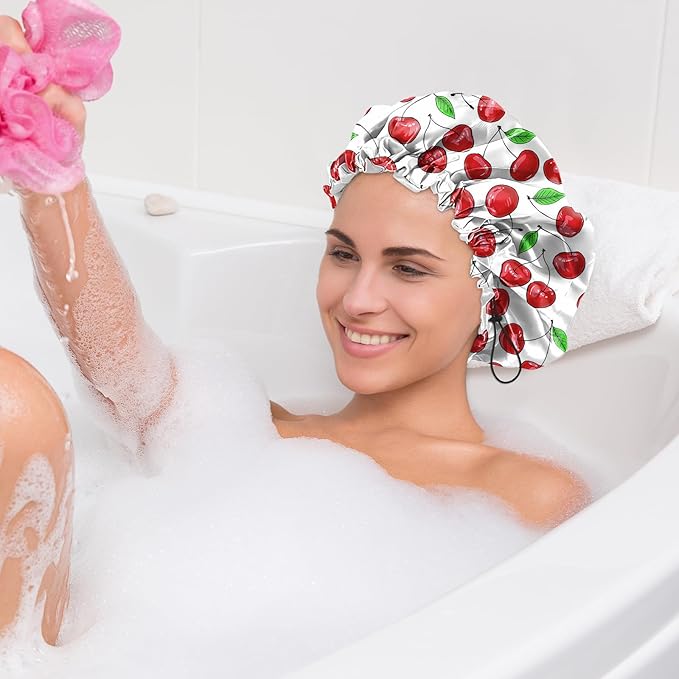 2 PCS Shower Cap Waterproof Double Layer Elastic Adjustable Reusable Hair Bath Caps for Girls Women Cute Aesthetic-Pink White