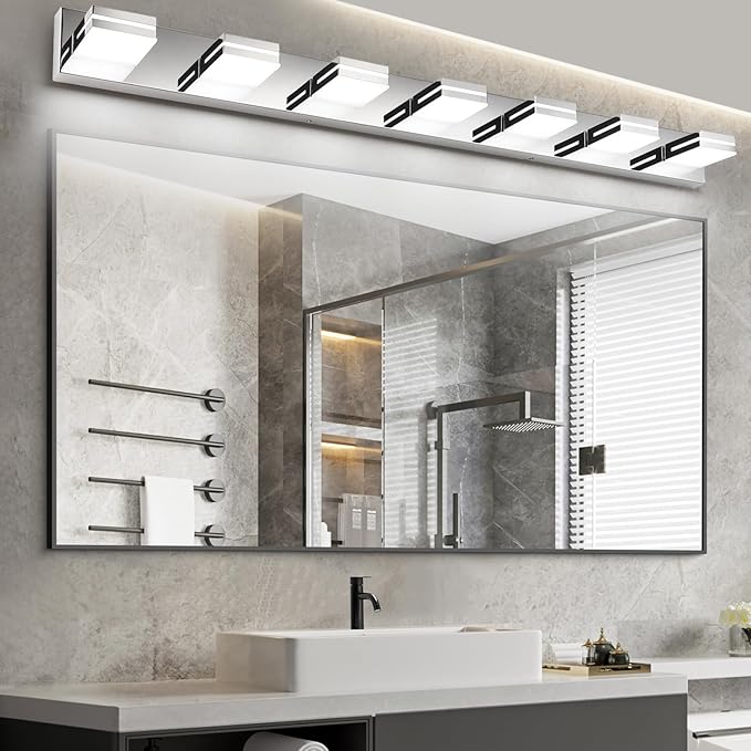 SineRise LED Modern Bathroom Vanity Light Fixtures (7-Light, 55-Inch, Dimmable), Chrome Modern Acrylic Bathroom Wall Lighting Fixtures Over Mirror (Cool White 6000K)