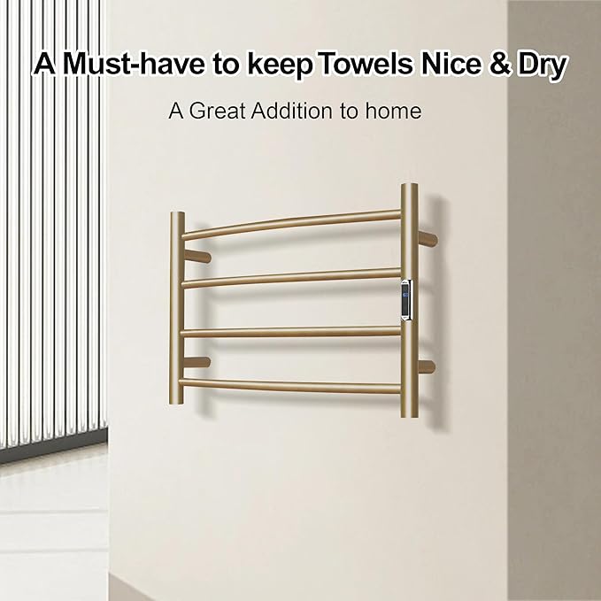 Towel Warmer Bathroom Wall Mounted Drying Rack Plug-in Electric Heated Towel Rack Stainless Steel Gold with Timer & Temperature Control 4 Bar