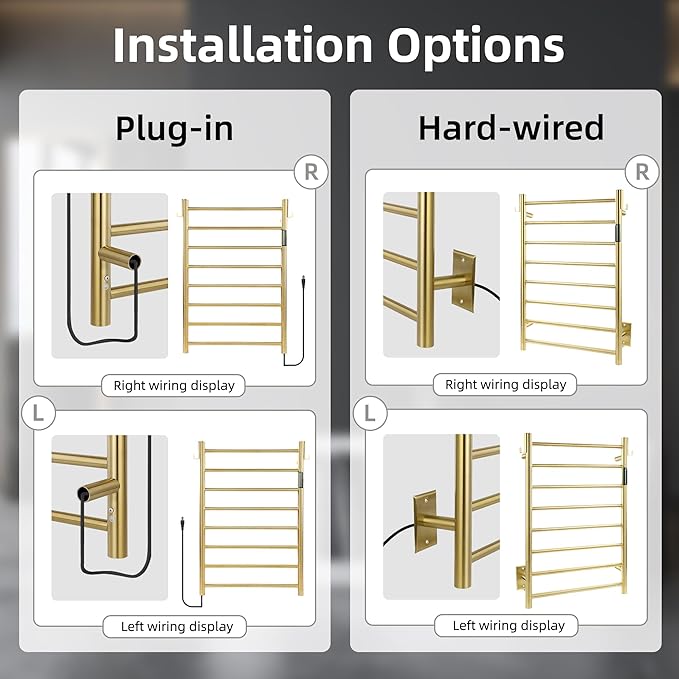 P&Dlusir Towel Warmer, Heated Towel Rack with Smart Timer and Thermo Control, Wall-Mounted Heated Towel Rail, Stainless Steel, Hard-Wired/Plug-in, Brushed Gold, 8 bar