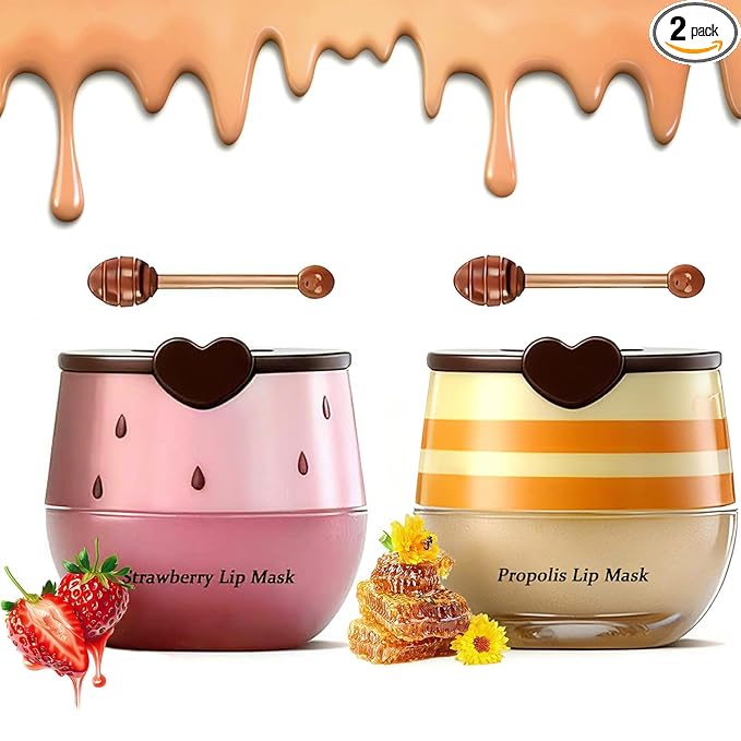 2PCS Bee Lip Balm Honey Pot - Strawberry & Honey Moisturizing Propolis Mask, Hydrating Prevention for Dry and Cracked Skin, Scrubs Exfoliator, Sleep Mask Reduces Lines, Skin Care Products