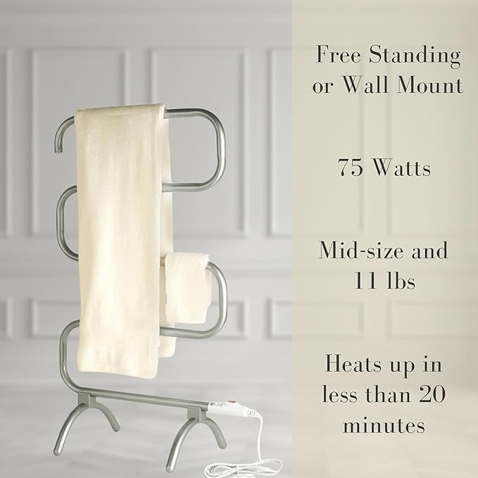 Warmrails Classic Towel Warmer - Free-Standing or Wall Mounted Towel Warmer Rack for Drying Towels and Garments - 37.5-Inch Nickel Finish Frame with 4 Bars - Model HCS