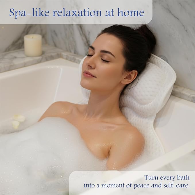 Bath Pillow for Tub Spa Gift Set for Women Luxury Bathtub Pillow for Neck & Back Support Soft 4D Mesh Non-Slip Suction Cups Relaxing Bath Accessories Spa Bath Sponge & Massage Brush
