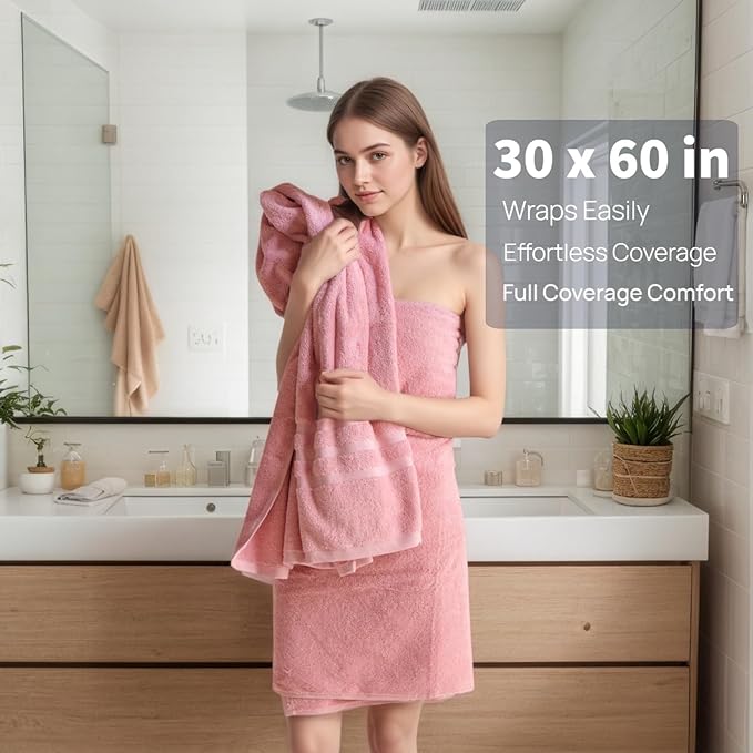 Bath Towels 4 Pack, 30 x 60 Inches, Large 100% Cotton Towels, Soft, Absorbent, Comfortable for Home, Spa, and Gym, (Pink,Gray,Beige,Blue)