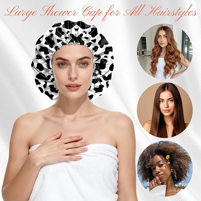 Shower Cap Reusable Double Layer Adjustable Elastic Waterproof EVA Hair Bath Caps for Women Girls Cute Aesthetic-Cow Leopard