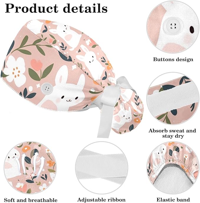 Scrub Caps Women Ponytail Cute Pink and White Leaves Caps Bouffant Working Hat Elastic Tie Back Hats with Button