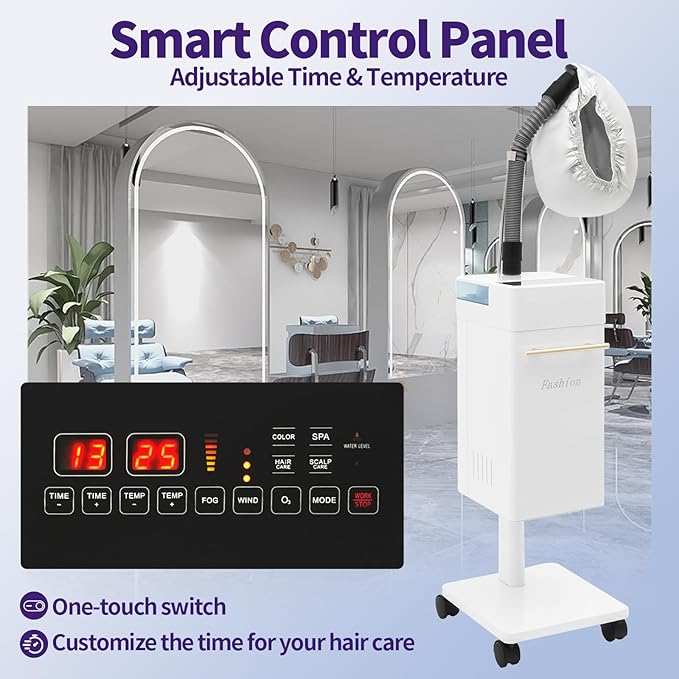600W Vertical Nano Hair Steamer Dyeing Machine, Hair Oil Machine Freestanding Ozone Micro Mist Hair Steamer with Steam Cap and Hose Attachment for Salon Spa Equipment (White)
