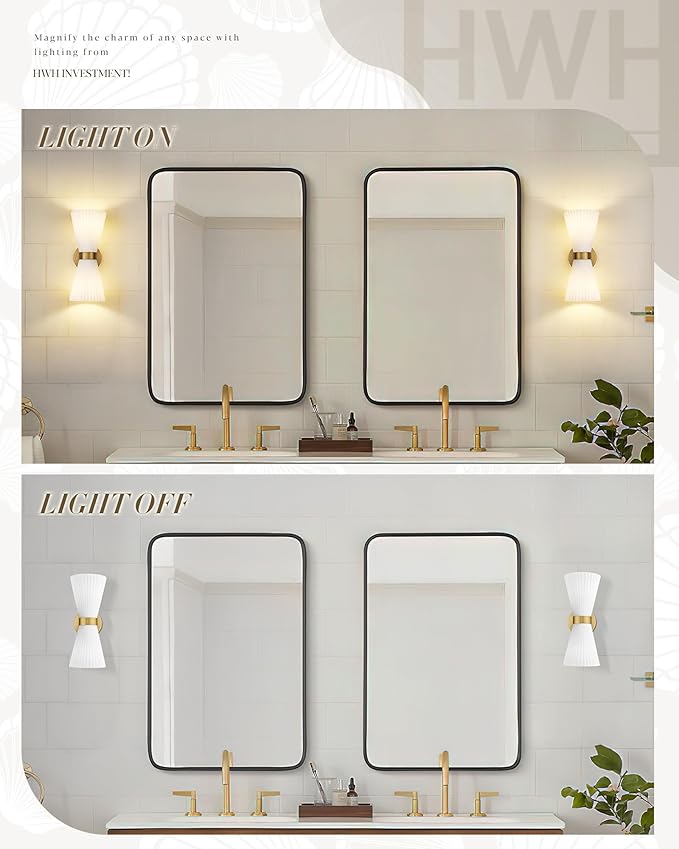 Gold Sconce Wall Lighting, HWH Single Wall Vanity Light Fixture Brushed Gold Wall Sconce Lamp, Modern Indoor Up Down Wall Light with Frosted Milk White Striped Glass Shade, 5HZG97B-2W BG
