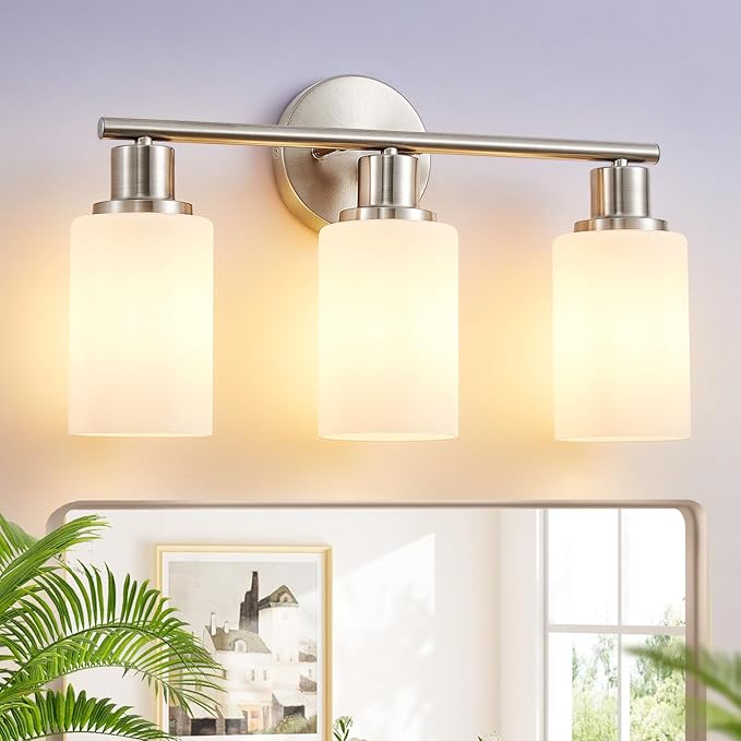 DLLT 3-Light Bathroom Light Fixtures: Nickel Modern Vanity Lights with E26 Bulbs - Milky White Glass Shade Bathroom Wall Lamp for Mirror Kitchen Living Room Hallway Cabinet Porch