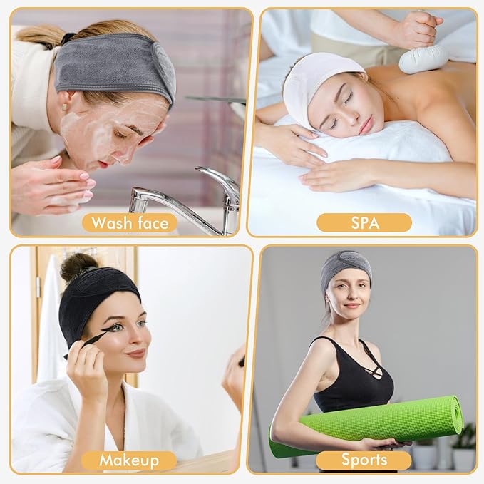 SINLAND Spa Headband for Women 3 Counts Adjustable Makeup Hair Band with Magic Tape,Head Wrap for Face Care, Makeup and Sports 3 Pack