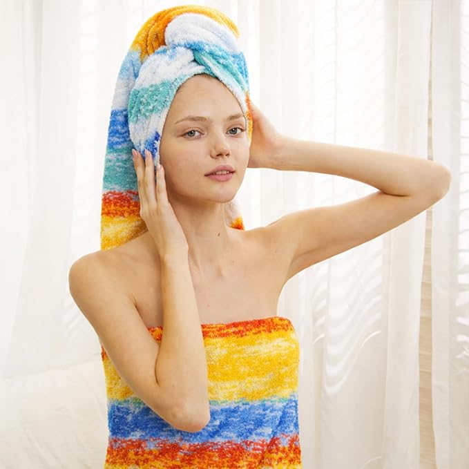 SEMAXE 4 Piece Colorful Striped Bath Towel Set for Bathroom, 100% Cotton Bath Towel with Hanging Loop, 55 x 27 Inch, Soft Absorbent & Quick Dry, for Bathroom & Travel