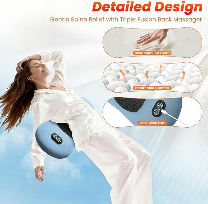 3-in-1 Electric Lumbar Support Pillow - Triple Fusion Back Massager with Heat, Vibration and Tractionage, Ergonomic Memory Foam Lower Back Massager for Pain Relief Deep Tissue, Blue