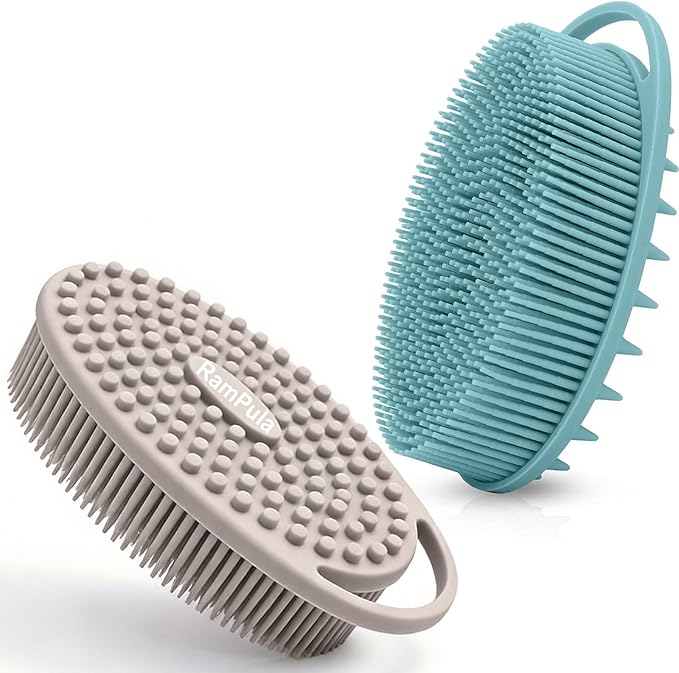RamPula Silicone Body Scrubber, Silicone Loofah, Quick-Dry Exfoliating Body Brush for Wet or Dry Brushing, More Hygienic Than Traditional Loofah, Long-Bristle Brush, Eucalyptus Green and Starlight