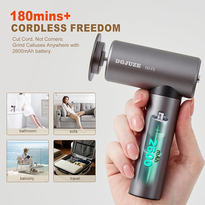 Premium Electric Foot Callus Remover, Ergonomic T-Grip 2600mAh Rechargeable 3 Speeds All Metal Foot File for Dead Skin Cracked Heels Pedicure Sander at Home with 60pcs Sandpaper Pads (Grey)