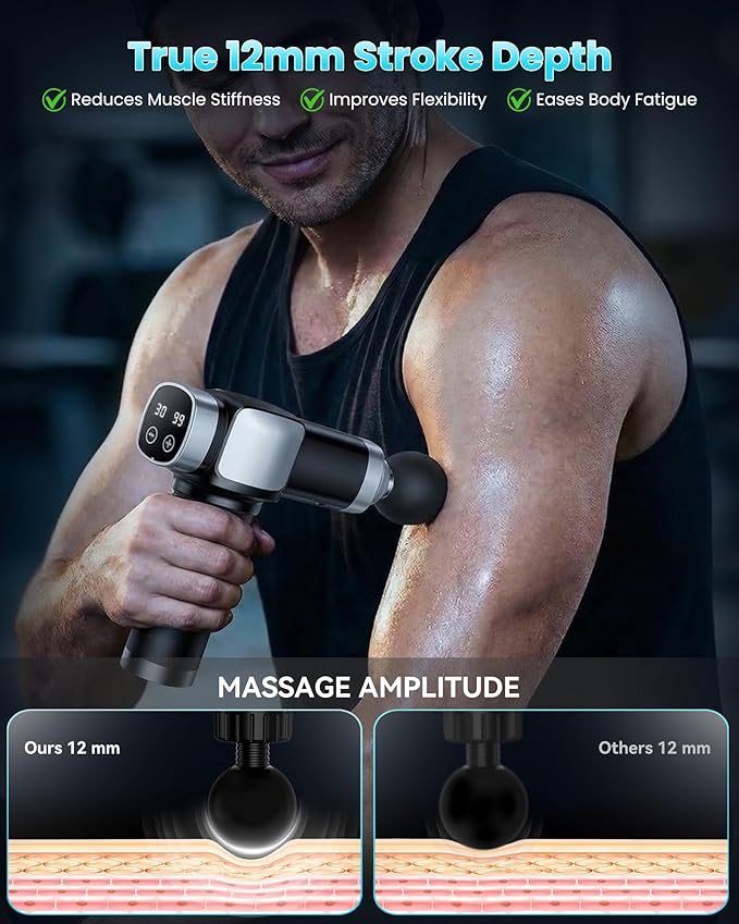 Massage Gun Deep Tissue, Portable Percussion Electric Muscle Massager for Pain Relief, Handheld Massagers with 30 Speeds & 6 Attachments for Back and Neck, Gifts for Men Women
