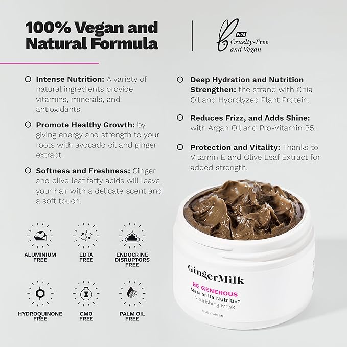 Deep Repair Hair Mask for Dry, Damaged & Curly Hair – Hydrating Hair Mask with Castor Oil, Biotin & Ginger Milk – Sulfate Free Hair Mask for Color Treated Hair – Be Generous by Ginger Milk – 8 oz