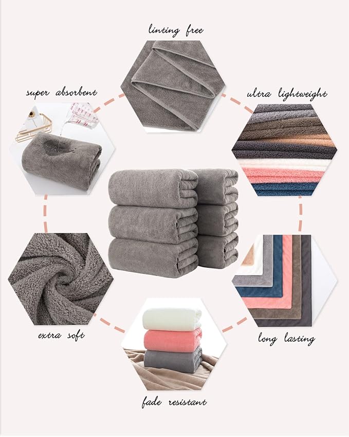 Lumimi Towels 6 Piece Soft Microfiber Bath Towel Set Salon Gym Yoga Travel Incredibly Absorbent Lightweight Quick Dry and Durable, 55" L x 27" W, Big 6 Pack Elegant Grey Brown