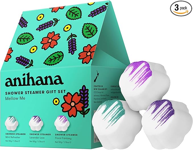 ANIHANA Shower Steamers Mellow Me 3 Pack Gift Set with Essential Oils, Paraben Free, Mint Refresher, Lavender Love, Floral Fantasy, 1.76 oz Each