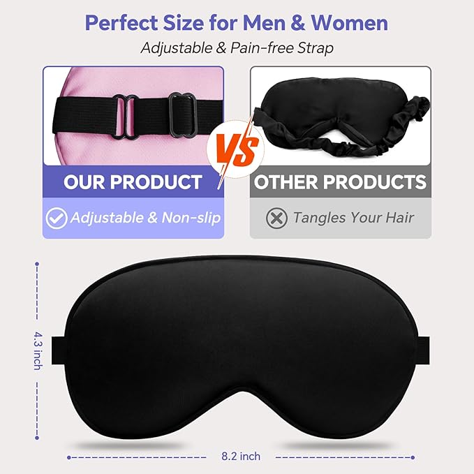 Silk Sleep Mask – 2 Pack Silk Eye Mask for Sleeping, Adjustable Strap, 100% Blackout, Soft Travel & Home Sleep Shade Cover for Women & Men (Black & Black)