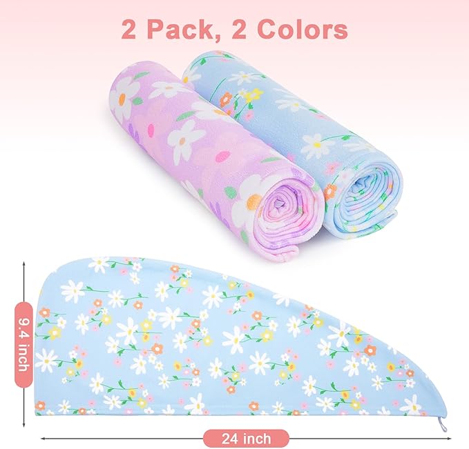 Unicorn Castle Microfiber Hair Towel for Kids 2Pack Hair Wrap Towels Absorbent Hair Drying Towel Wrap Hair Turbans for Curly Thick Hair,Purple Blue Flower