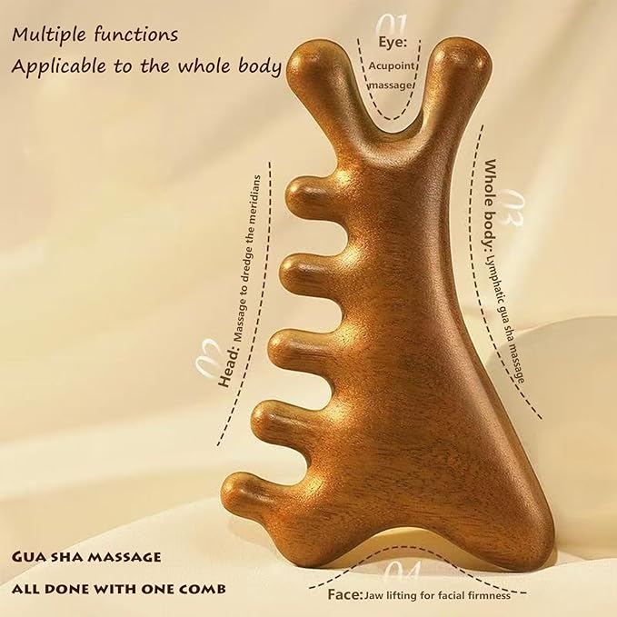 4-in-1 Natural Sandalwood Gua Sha Massage Tool - Head, Face, Eye Nose Massage & Jawline Sculpting - Full Body Lymphatic Drainage & Scalp Care - Self Care Essential for Home Office Travel